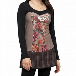 Kollontai Marly Floral Plaid Mixed Print Long Sleeve Tunic Top Medium Black Tan